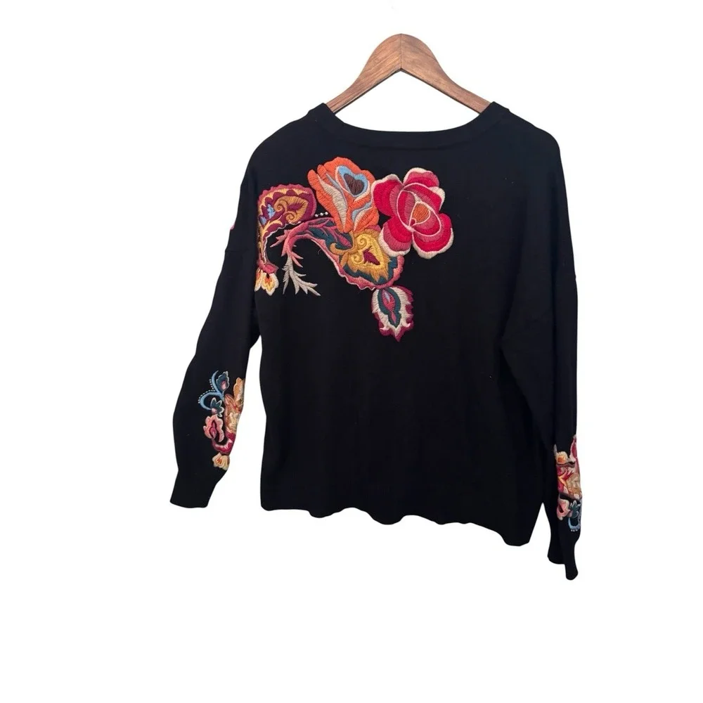 Chico's Black Floral Embroidered Cardigan 3 (XL) Boho Sweater Cottagecore